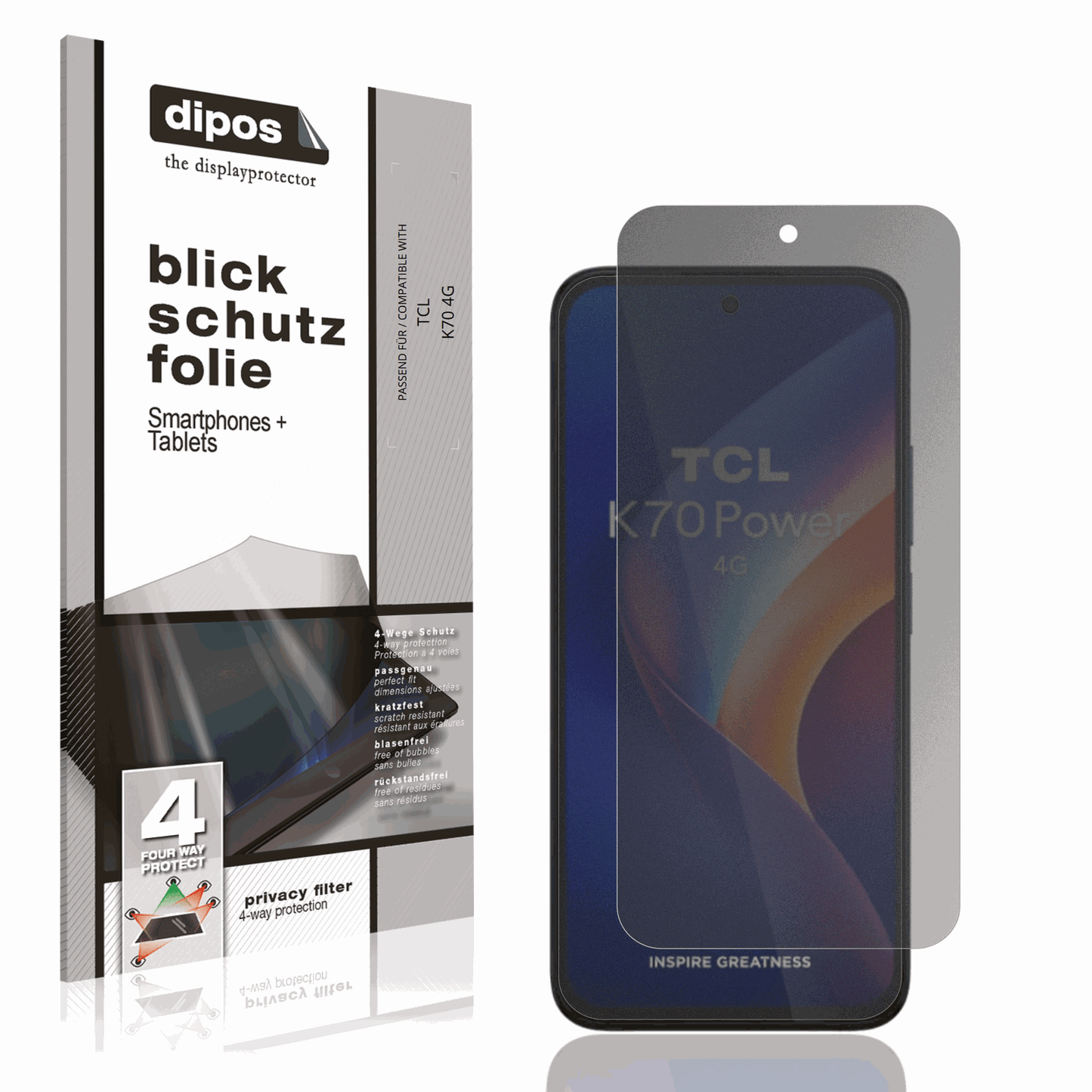 Blickschutzfolie von dipos passend für TCL K70 4G, präziser Zuschnitt und blasenfrei montiert