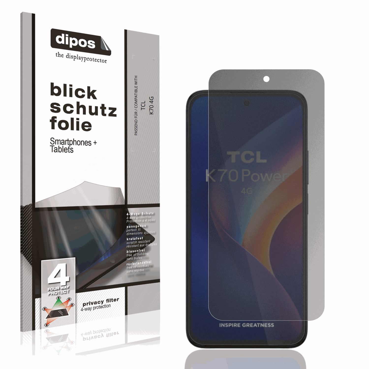 Blickschutzfolie von dipos passend für TCL K70 4G, präziser Zuschnitt und blasenfrei montiert