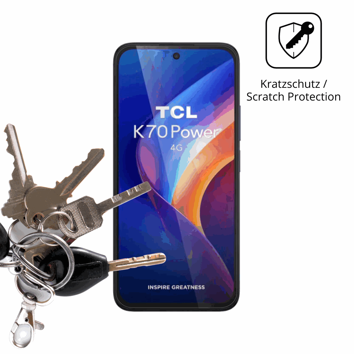 Schutz gegen Kratzer auf dem TCL K70 4G Glas durch Schlüssel oder Ähnliches