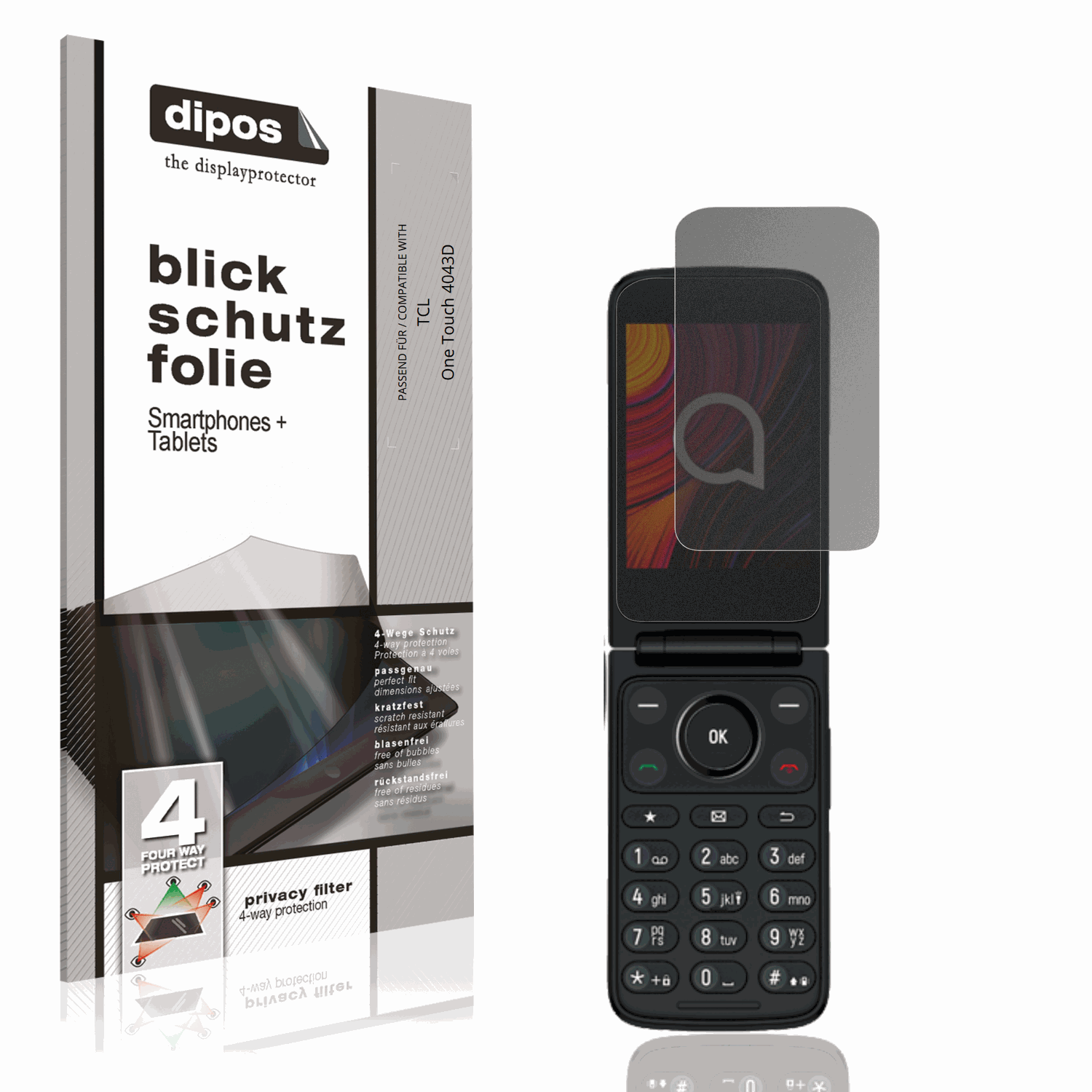 Blickschutzfolie von dipos passend für TCL One Touch 4043D, präziser Zuschnitt und blasenfrei montiert