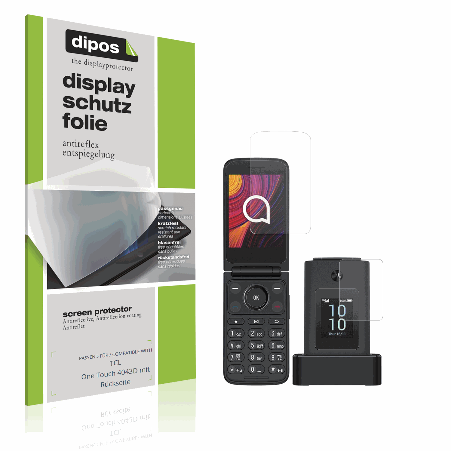 Matte Displayschutzfolie von dipos passend für TCL One Touch 4043D mit Rückseite, präziser Zuschnitt und blasenfrei montiert