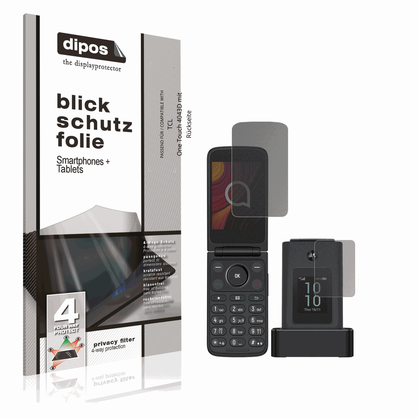 Blickschutzfolie von dipos passend für TCL One Touch 4043D mit Rückseite, präziser Zuschnitt und blasenfrei montiert