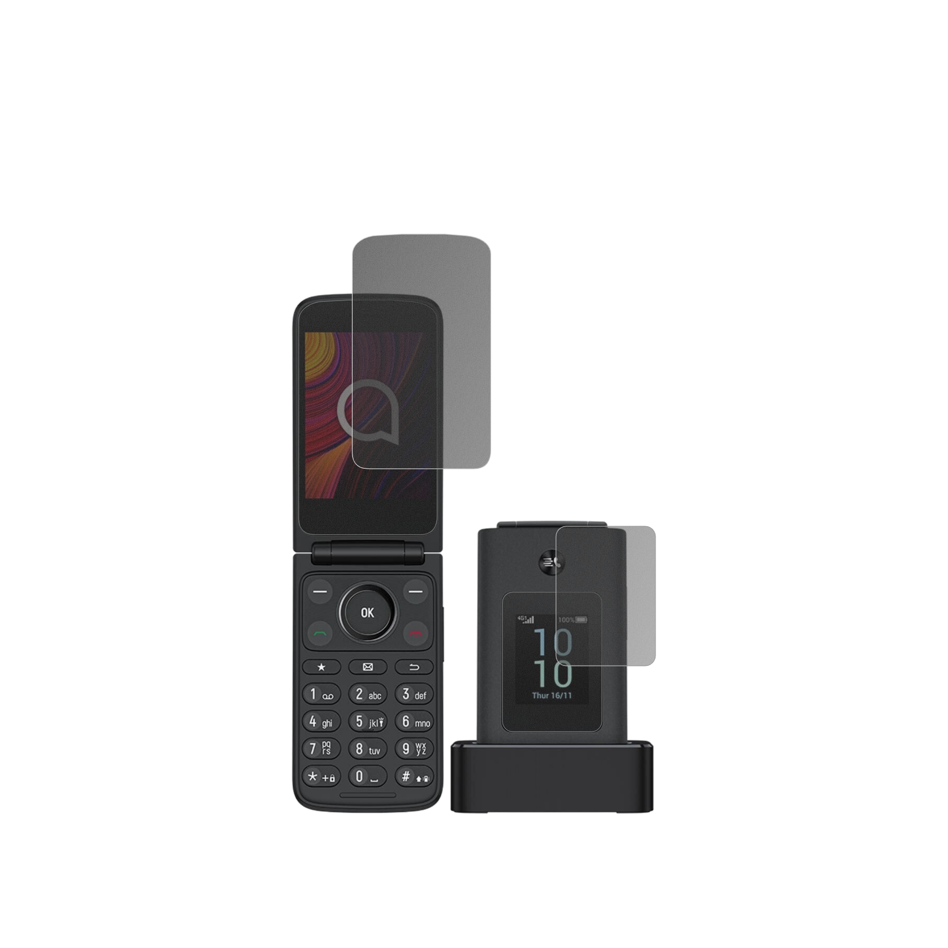 TCLOne Touch 4043D mit Rückseite mit aufgebrachtem dipos Displayschutz, der seitliche Einblicke blockiert
