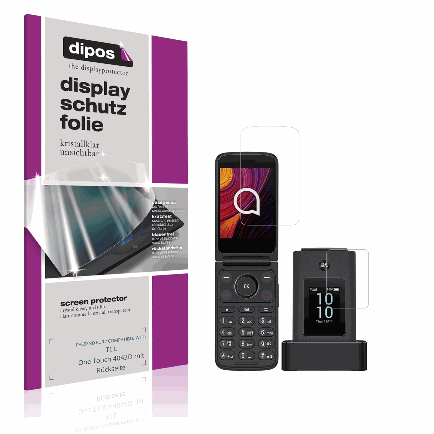 Klare Displayschutzfolie von dipos passend für TCL One Touch 4043D mit Rückseite, präziser Zuschnitt und blasenfrei montiert
