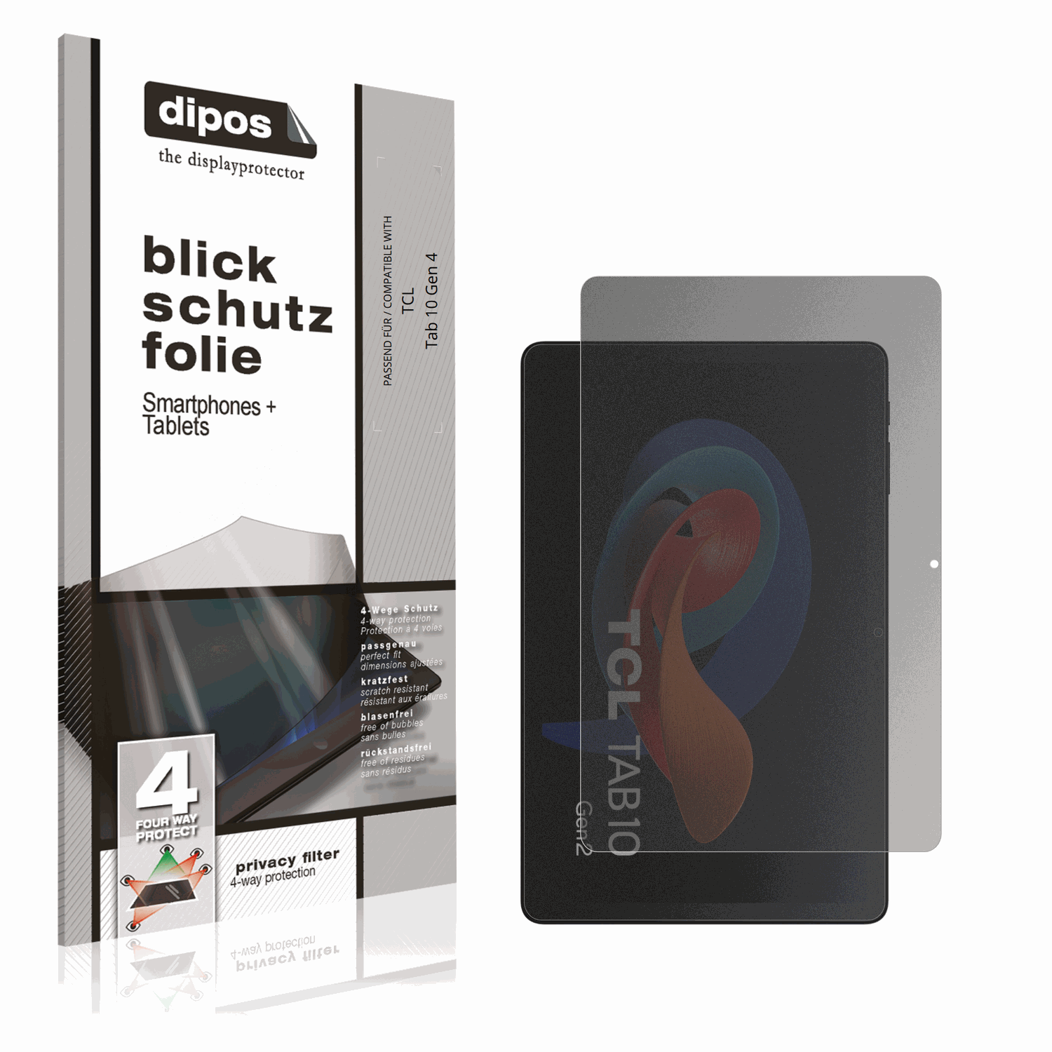 Blickschutzfolie von dipos passend für TCL Tab 10 Gen 4, präziser Zuschnitt und blasenfrei montiert