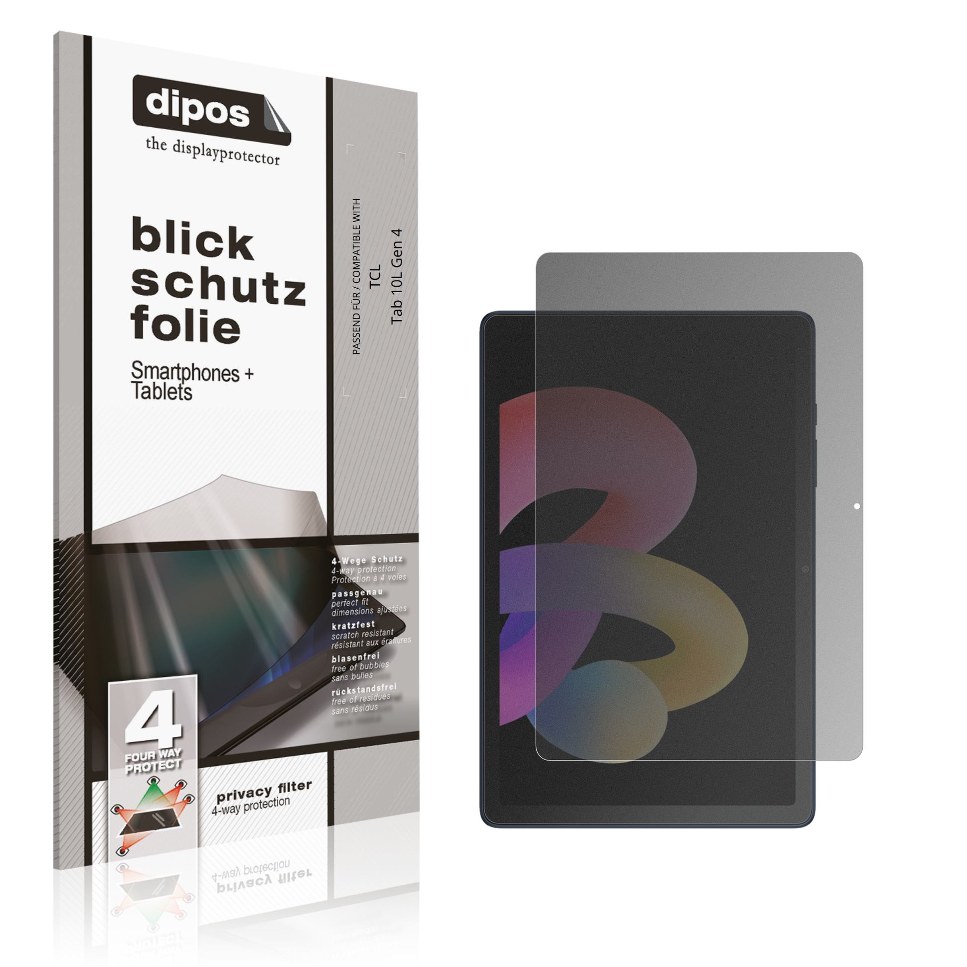 Blickschutzfolie von dipos passend für tcltab 10l gen 4, präziser Zuschnitt und blasenfrei montiert
