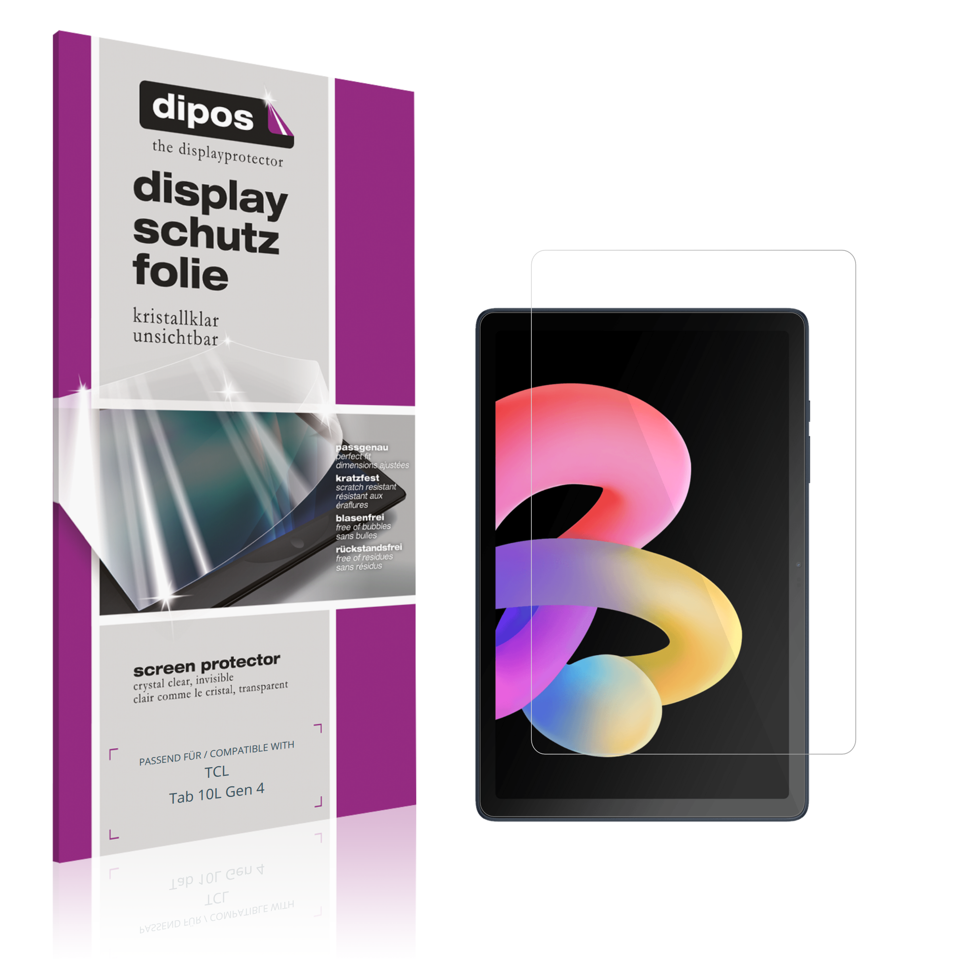 Klare Displayschutzfolie von dipos passend für tcltab 10l gen 4, präziser Zuschnitt und blasenfrei montiert