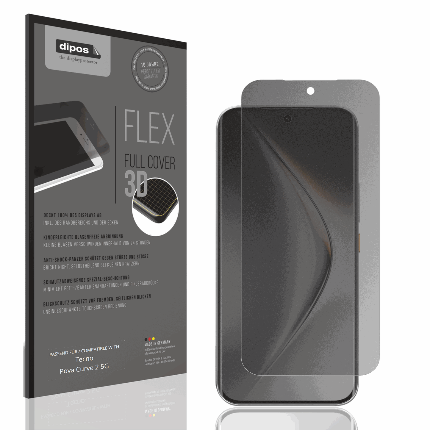 Blickschutzfolie von dipos passend für Tecno Pova Curve 2 5G, 100% Displayabdeckung und blasenfreie Montage