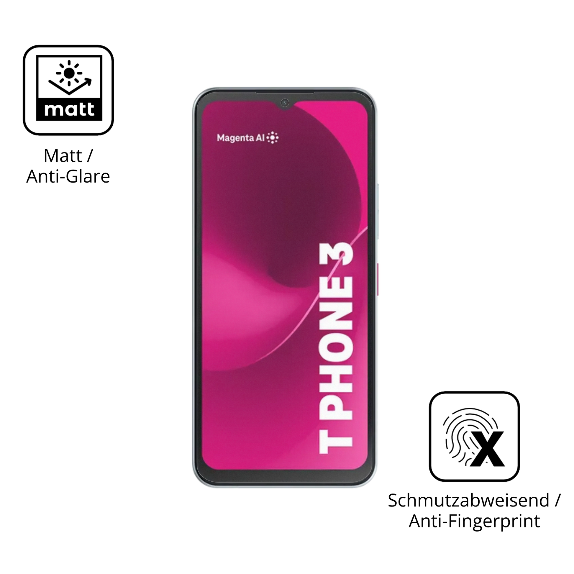 Dünne und entspiegelnde Folie passend zugeschnitten für Telekom T Phone 3 Pro