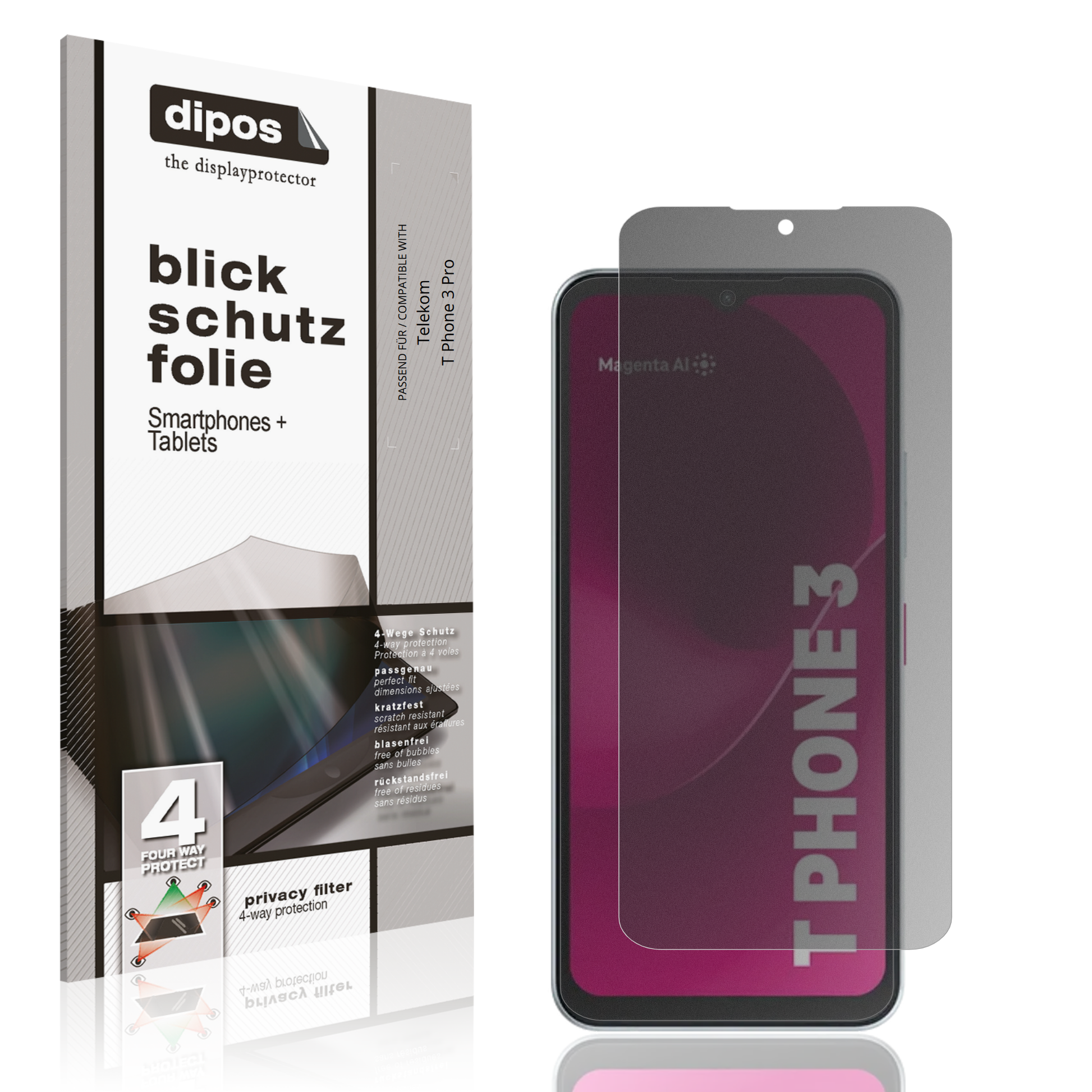 Blickschutzfolie von dipos passend für Telekom T Phone 3 Pro, präziser Zuschnitt und blasenfrei montiert