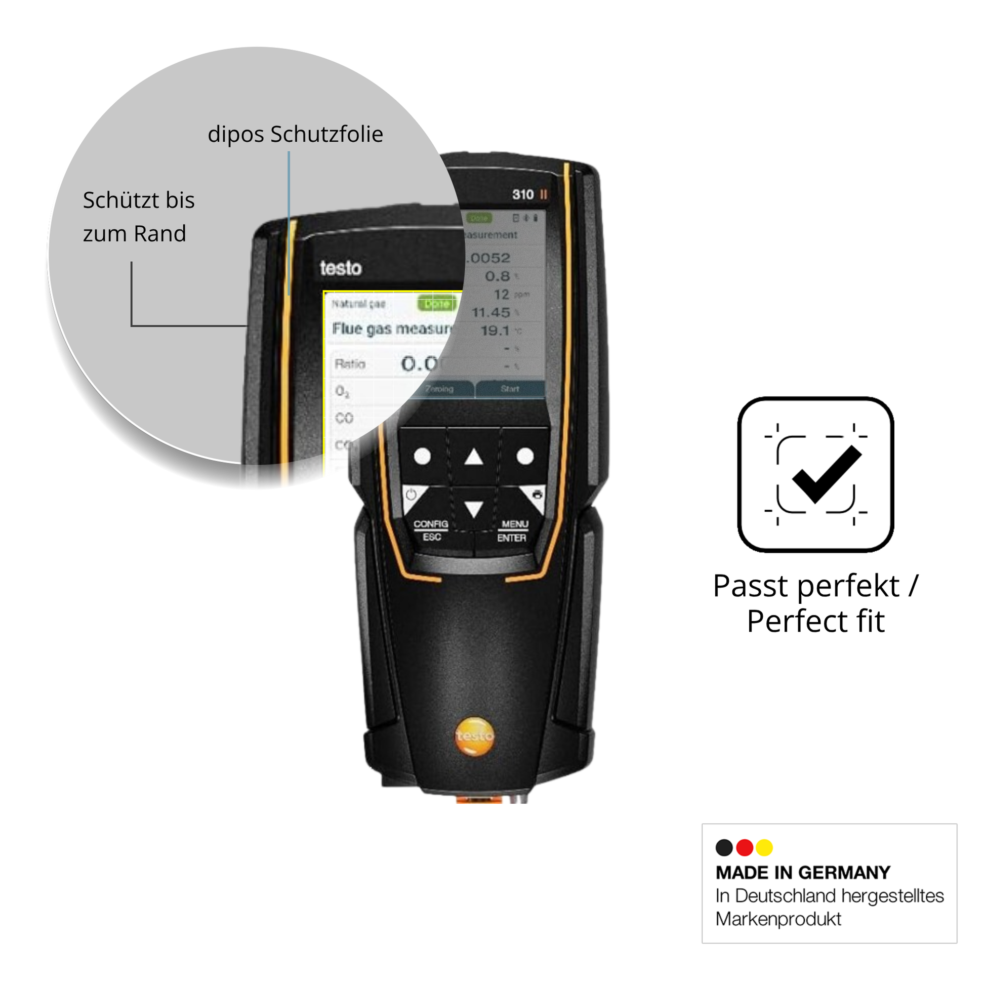 Schutz gegen Kratzer auf dem Testo 310 2. Gen Glas durch Schlüssel oder Ähnliches