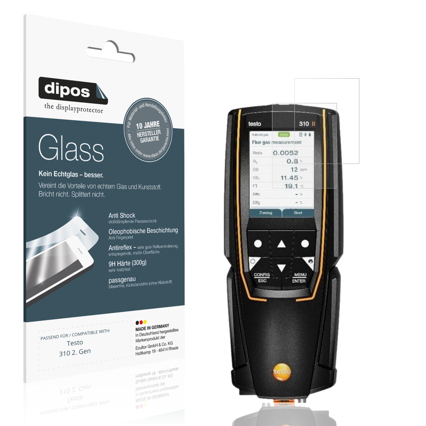 Matte Displayschutzfolie von dipos passend für Testo 310 2. Gen, 9H kratzfest und blasenfrei montiert