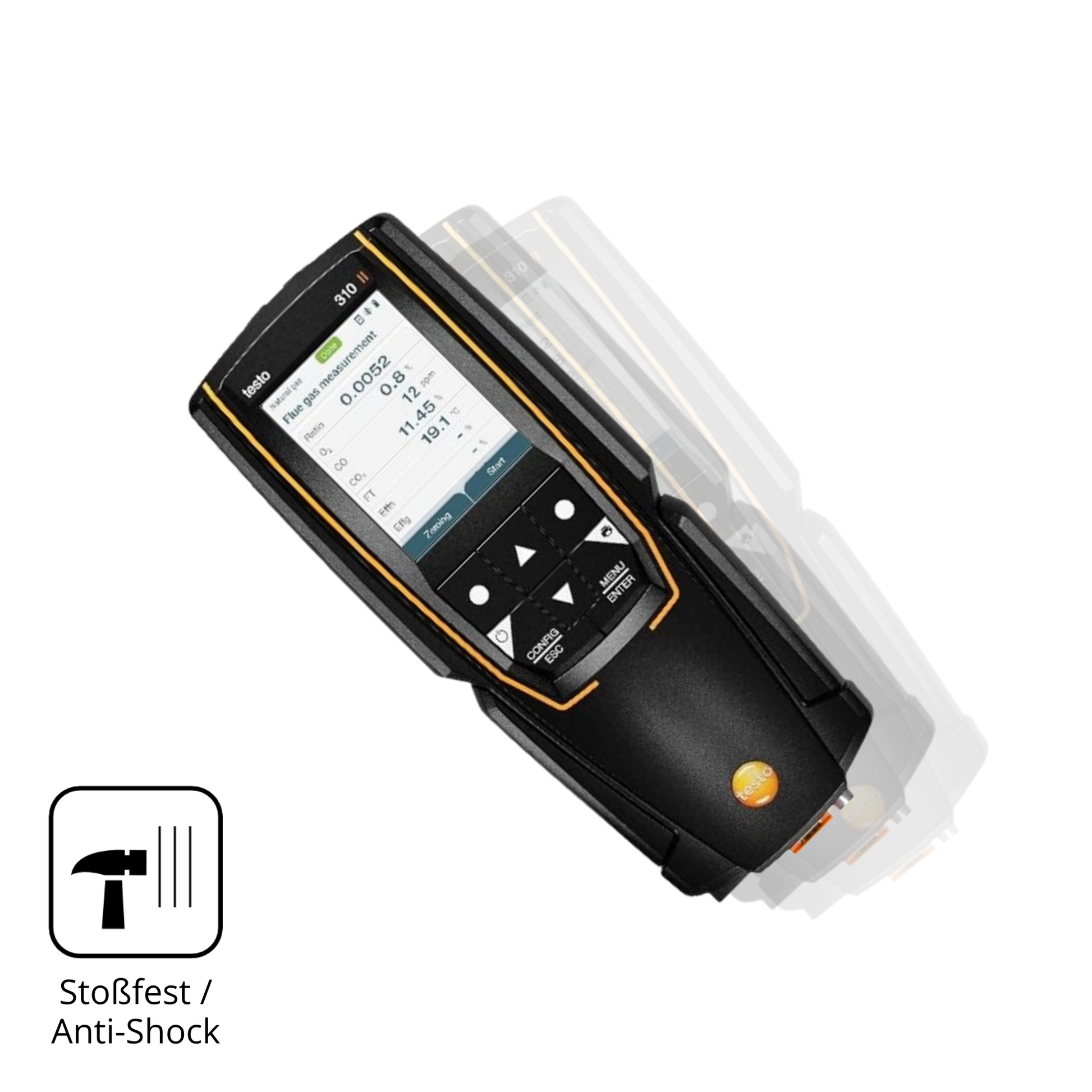 Schutz gegen Kratzer auf dem Testo 310 2. Gen Glas durch Schlüssel, Stöße gegen die Tischkante oder Stürze