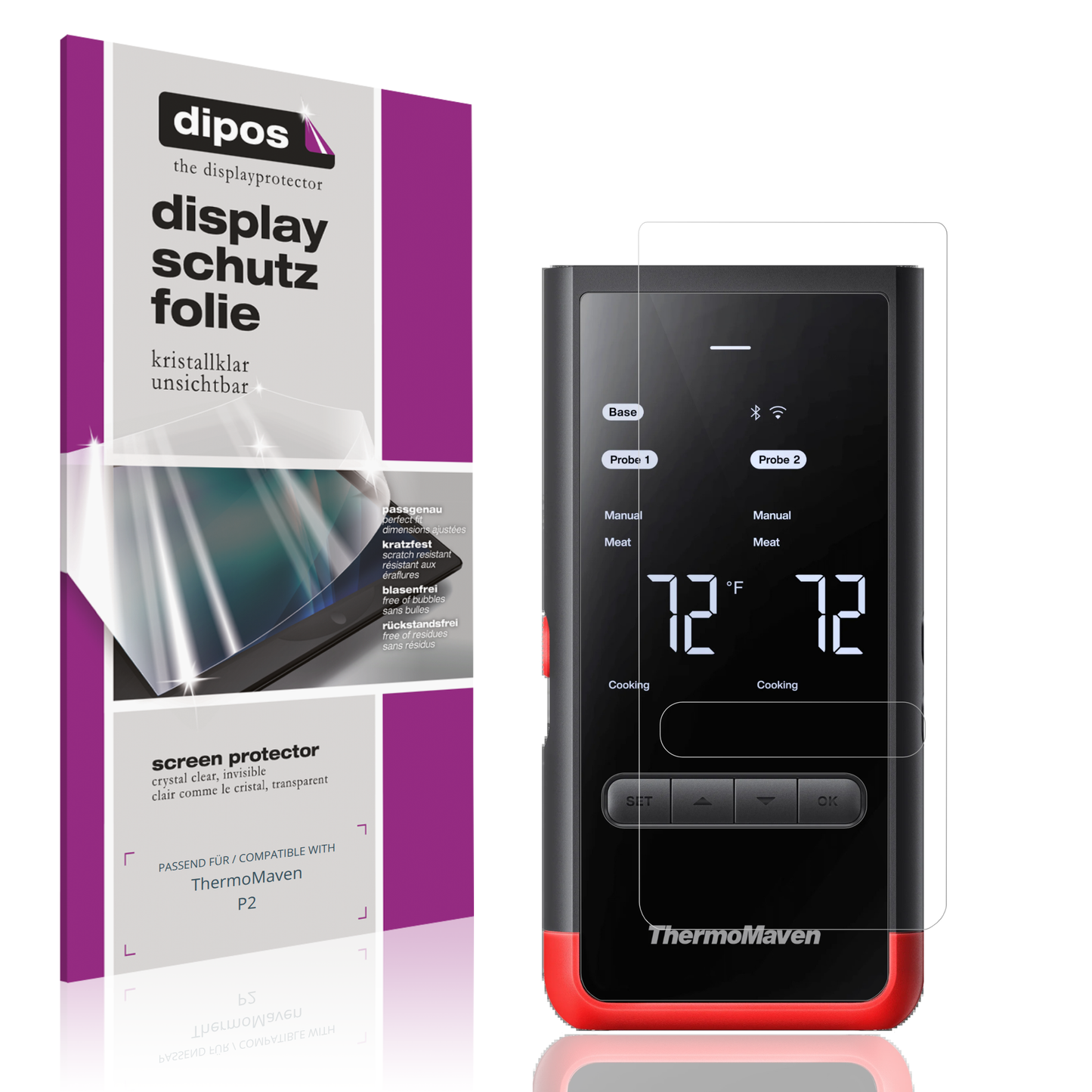 Klare Displayschutzfolie von dipos passend für ThermoMaven P2, präziser Zuschnitt und blasenfrei montiert
