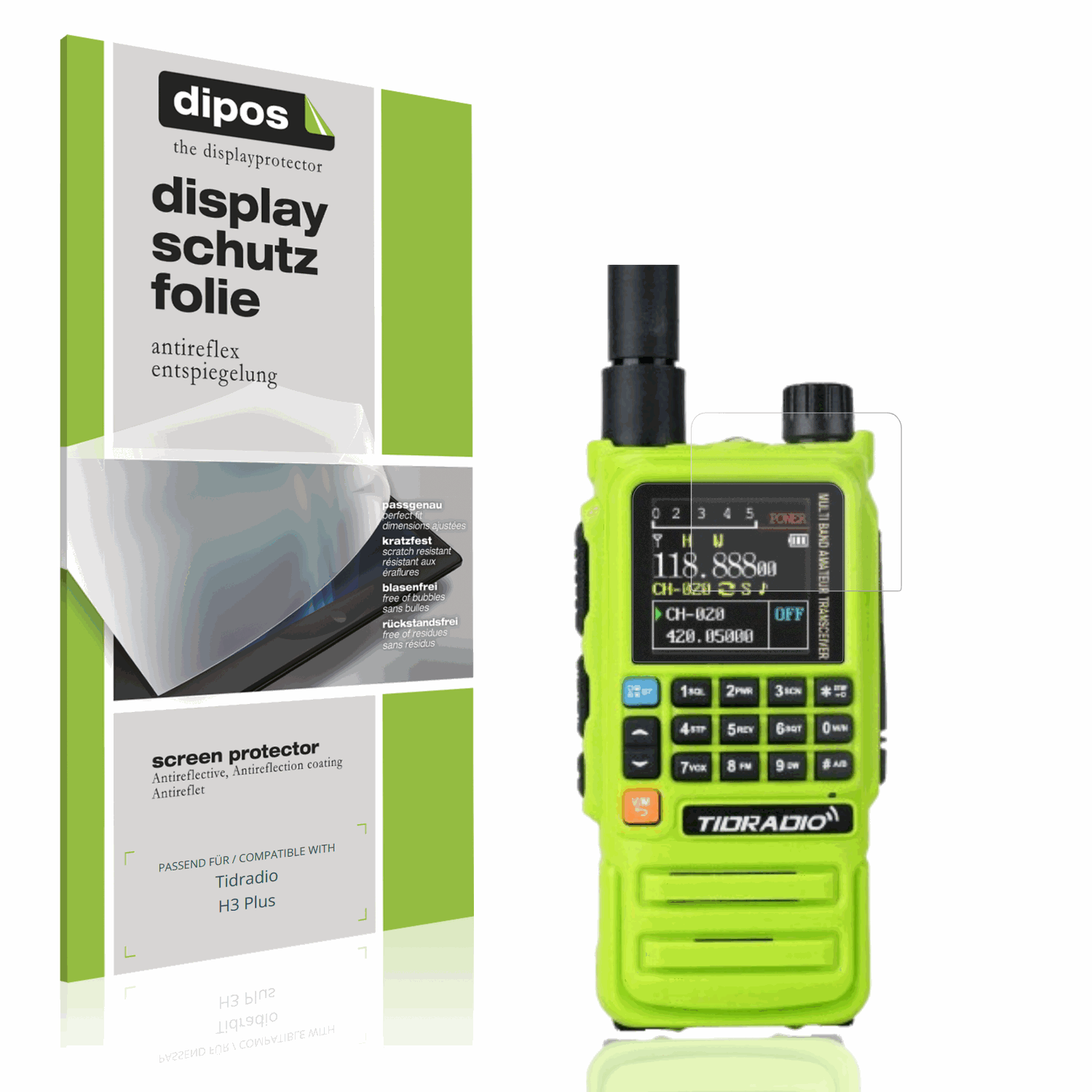 Matte Displayschutzfolie von dipos passend für tidradioh3 plus, präziser Zuschnitt und blasenfrei montiert