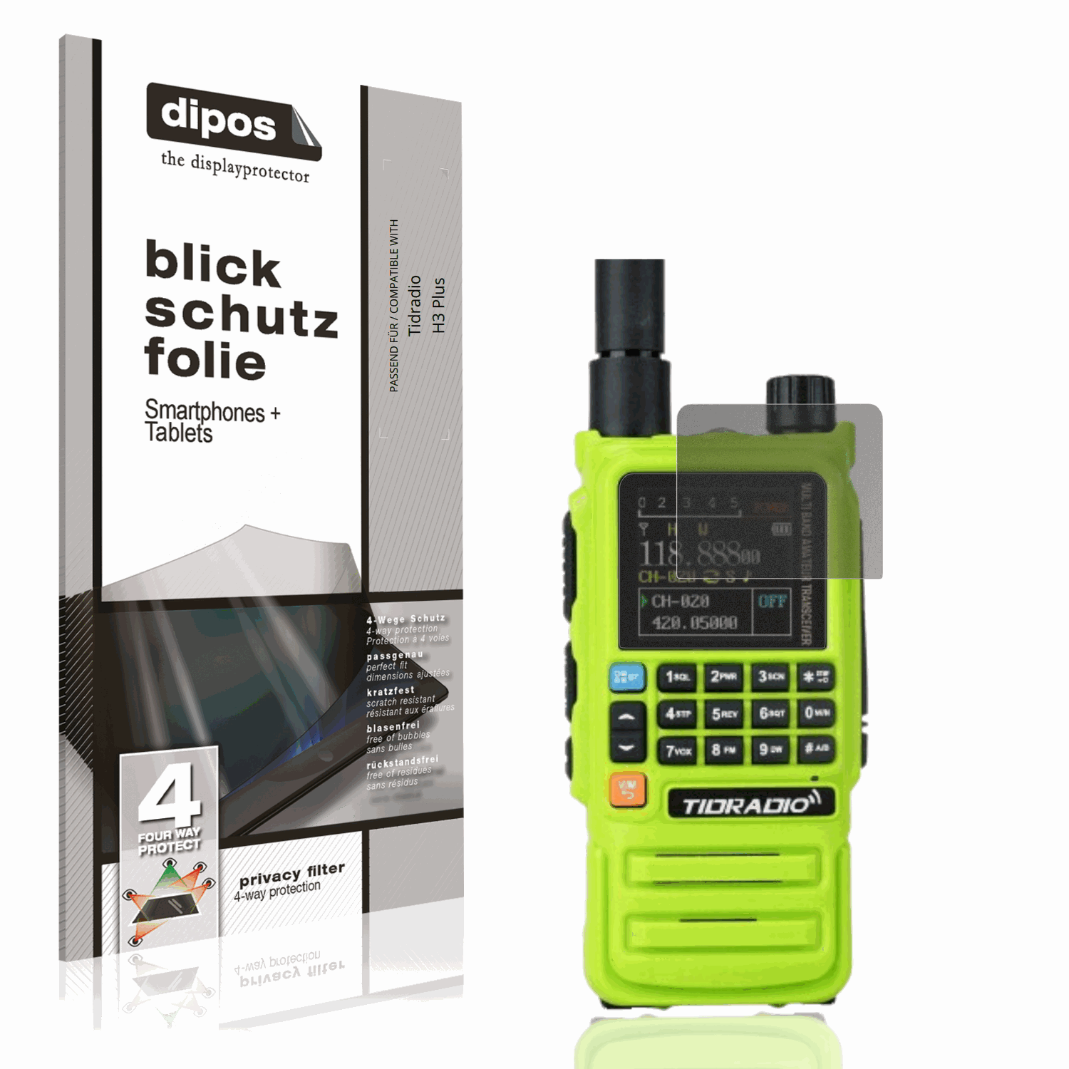 Blickschutzfolie von dipos passend für tidradioh3 plus, präziser Zuschnitt und blasenfrei montiert