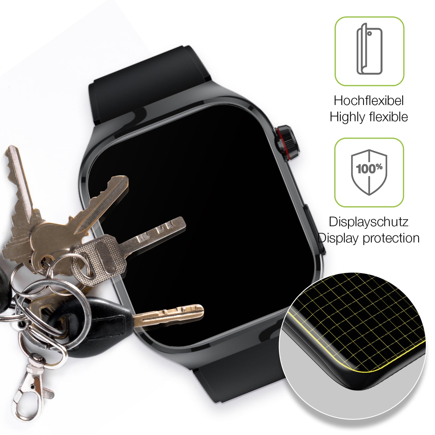 dipos Displayschutz für TK 16 Smartwatch 2.04 Zoll, transparente Oberfläche, perfekte Passform auch für die Rundungen