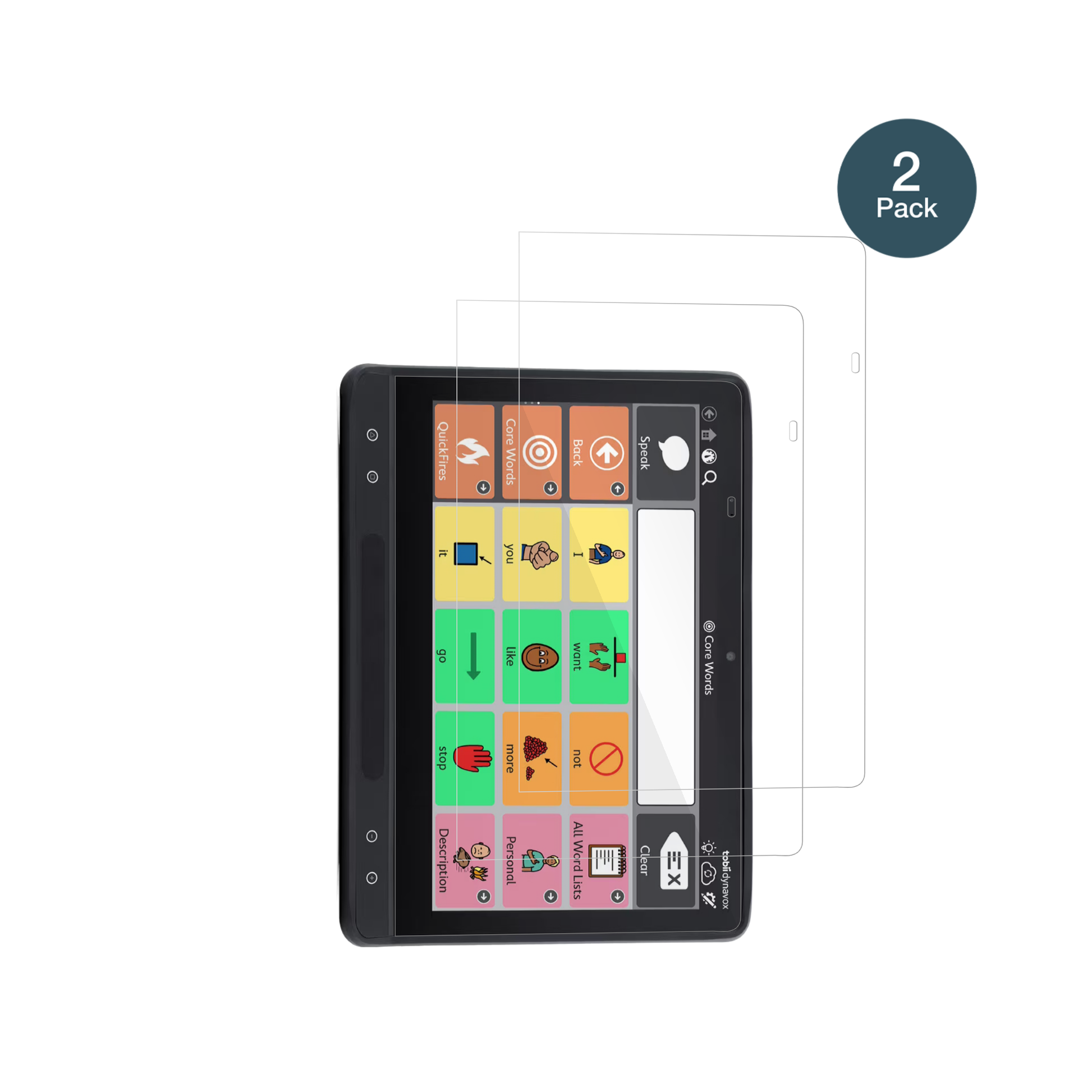 Tobii DynavoxTD I-16 mit aufgebrachter dipos Flex Schutzfolie, glasklare Darstellung ohne Einschränkungen