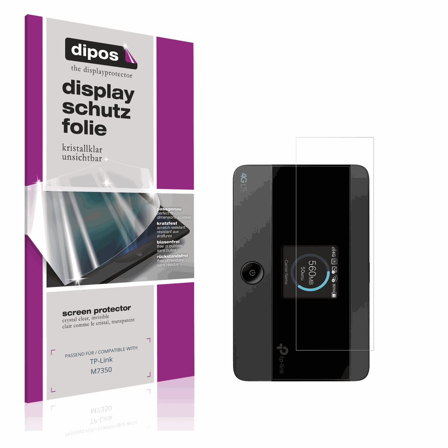 Klare Displayschutzfolie von dipos passend für TP-Link M7350, präziser Zuschnitt und blasenfrei montiert