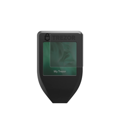 TrezorModel T mit aufgebrachtem dipos Displayschutz, der seitliche Einblicke blockiert