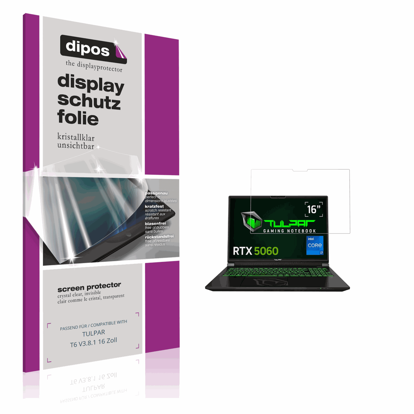 Klare Displayschutzfolie von dipos passend für TULPAR T6 V3.8.1 16 Zoll, präziser Zuschnitt und blasenfrei montiert