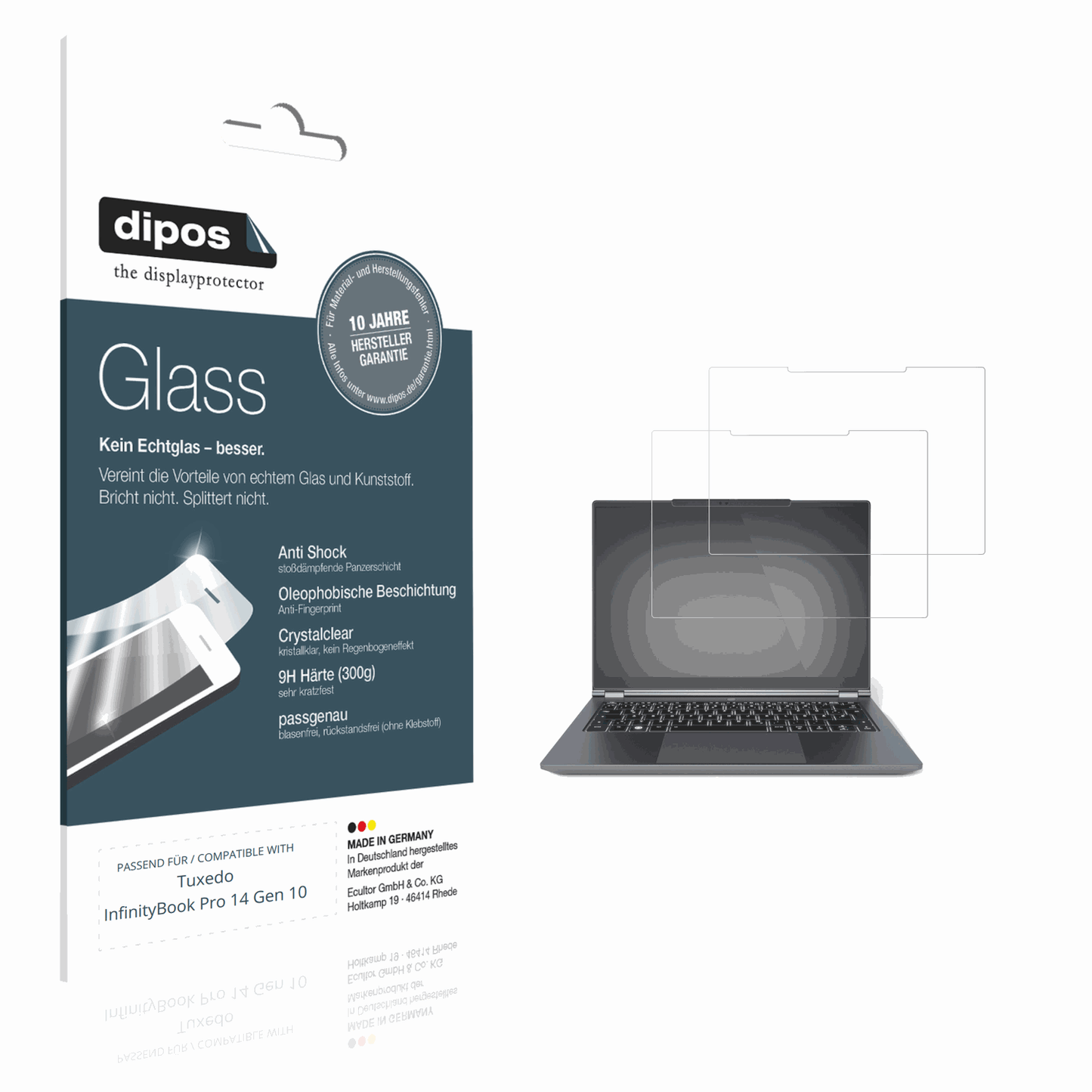 Klare Displayschutzfolie von dipos passend für tuxedoinfinitybook pro 14 gen 10, 9H kratzfest und blasenfrei montiert