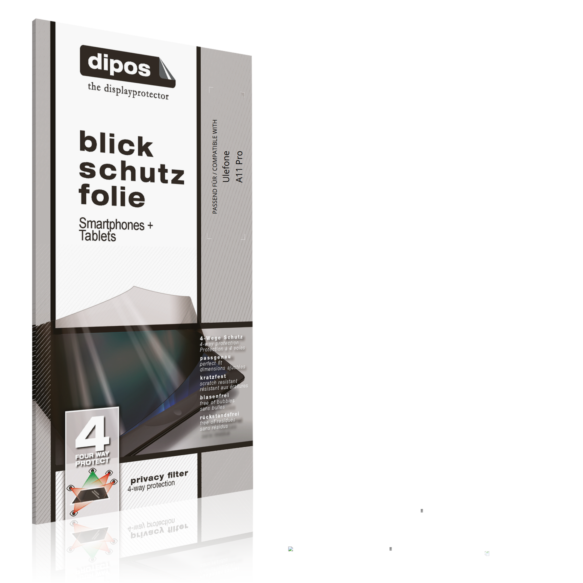 Blickschutzfolie von dipos passend für Ulefone A11 Pro, präziser Zuschnitt und blasenfrei montiert