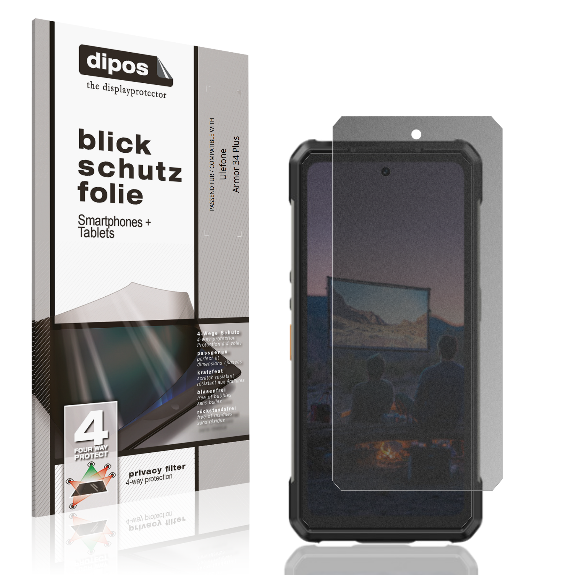 Blickschutzfolie von dipos passend für Ulefone Armor 34 Plus, präziser Zuschnitt und blasenfrei montiert