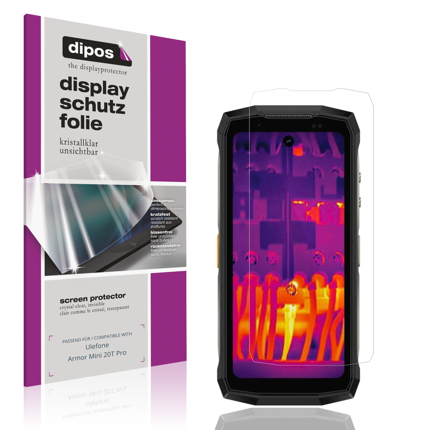 Klare Displayschutzfolie von dipos passend für ulefonearmor mini 20t pro, präziser Zuschnitt und blasenfrei montiert