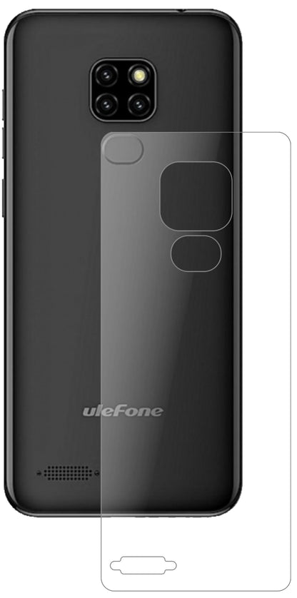 UlefoneNote 7P Rückseite mit aufgebrachter dipos Panzerfolie, die lästige Fingerabdrücke minimiert