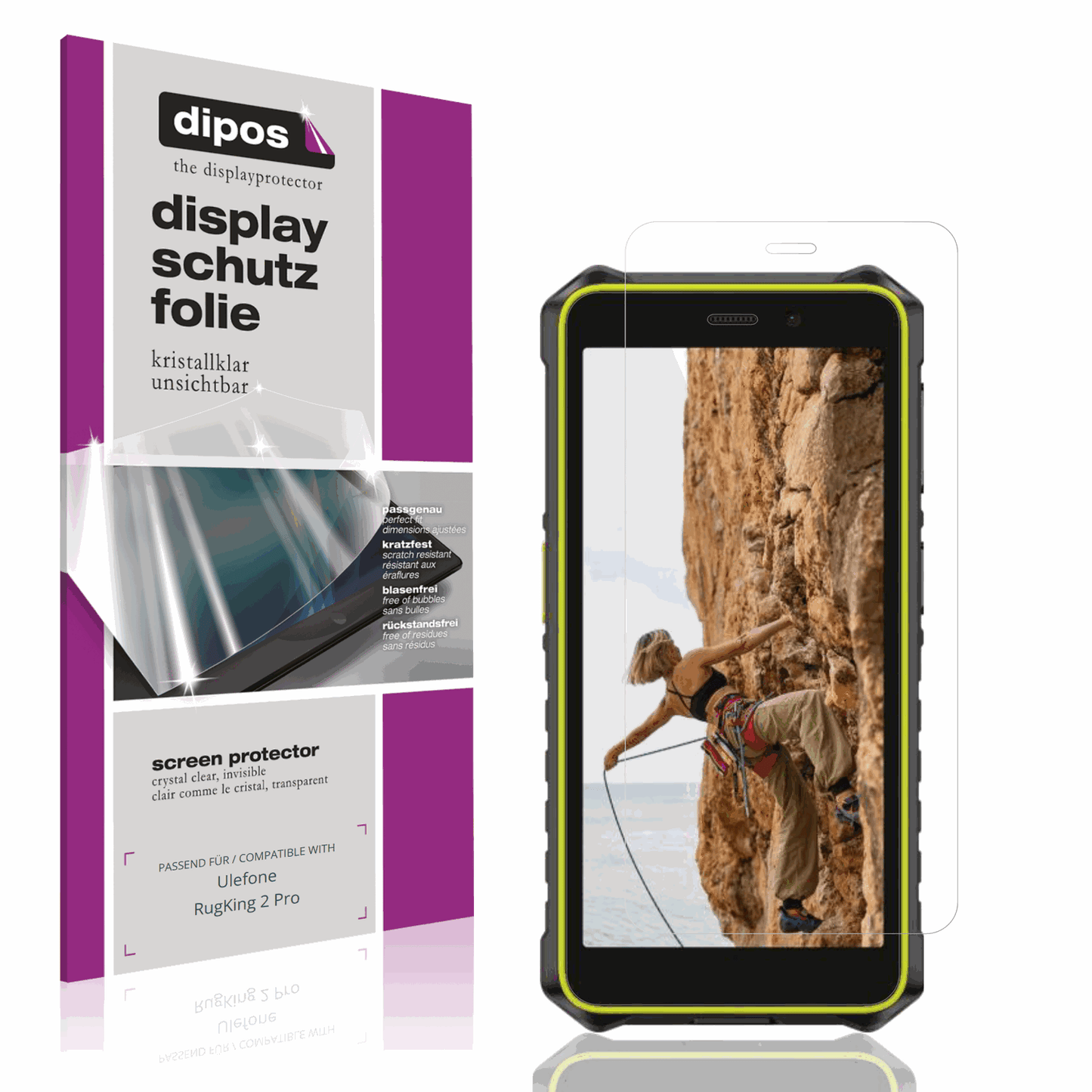 Klare Displayschutzfolie von dipos passend für Ulefone RugKing 2 Pro, präziser Zuschnitt und blasenfrei montiert
