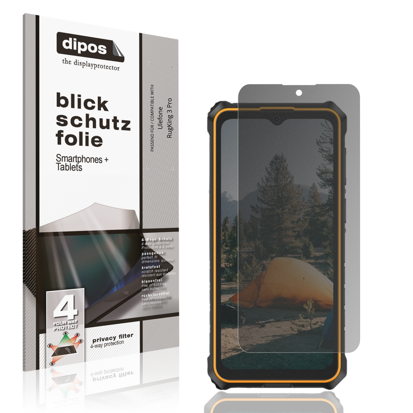 Blickschutzfolie von dipos passend für Ulefone RugKing 3 Pro, präziser Zuschnitt und blasenfrei montiert