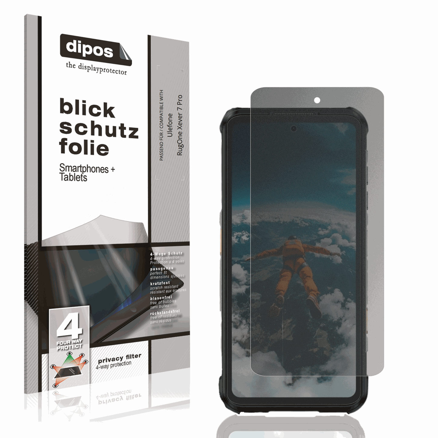 Blickschutzfolie von dipos passend für Ulefone RugOne Xever 7 Pro, präziser Zuschnitt und blasenfrei montiert