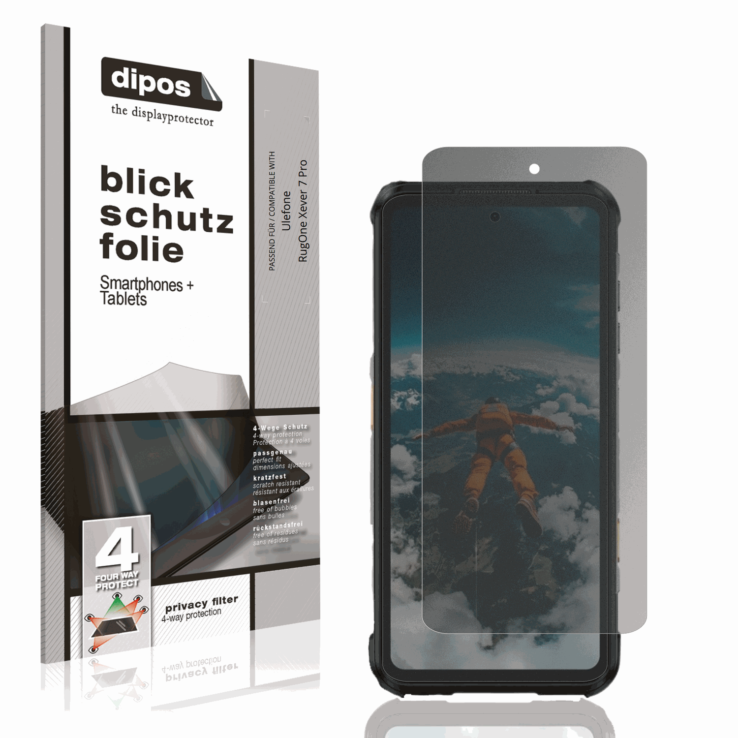 Blickschutzfolie von dipos passend für Ulefone RugOne Xever 7 Pro, präziser Zuschnitt und blasenfrei montiert