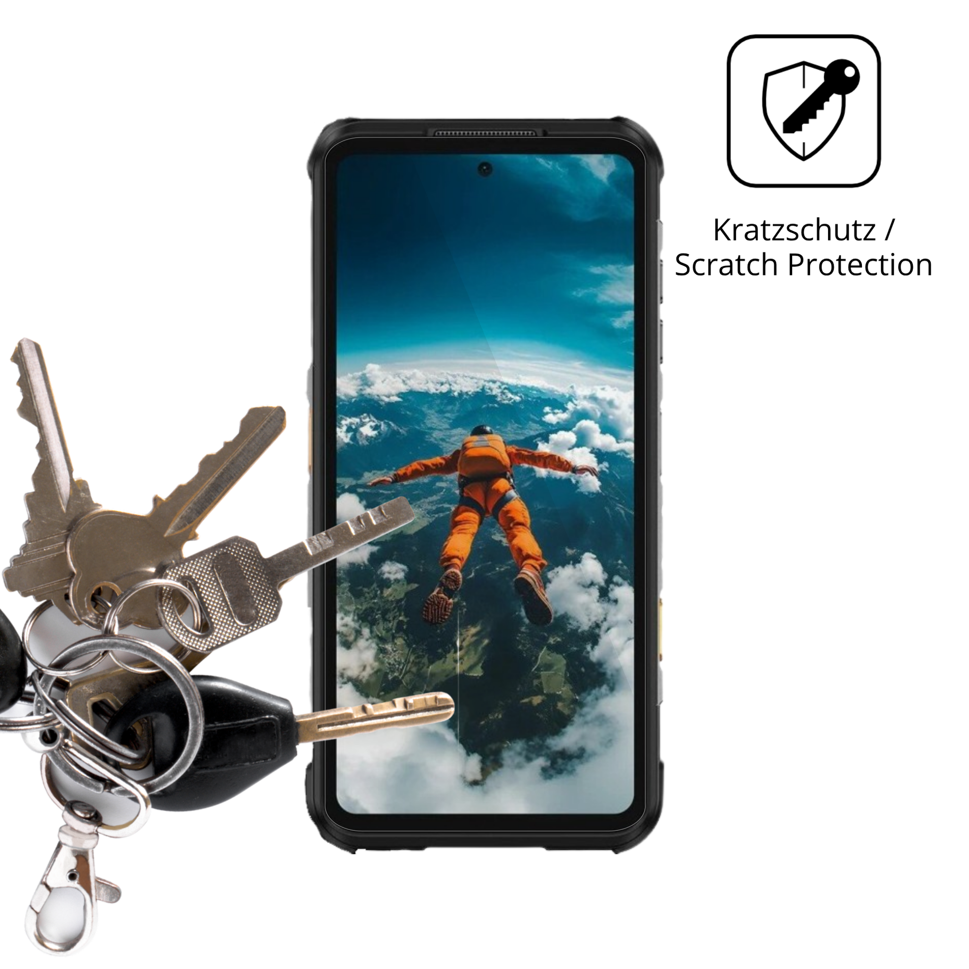 Schutz gegen Kratzer auf dem Ulefone RugOne Xever 7 Pro Glas durch Schlüssel oder Ähnliches