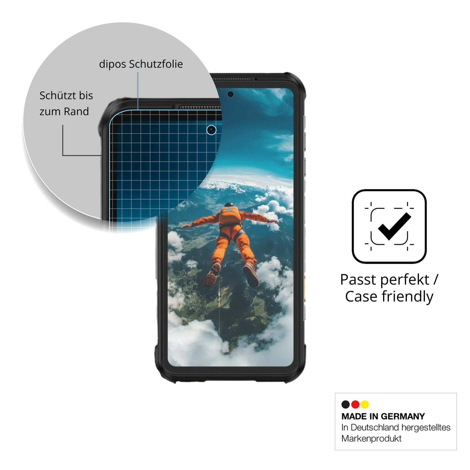 Schutzglasfolie mit optimaler Passform, zur Verwendung mit Hüllen geeignet