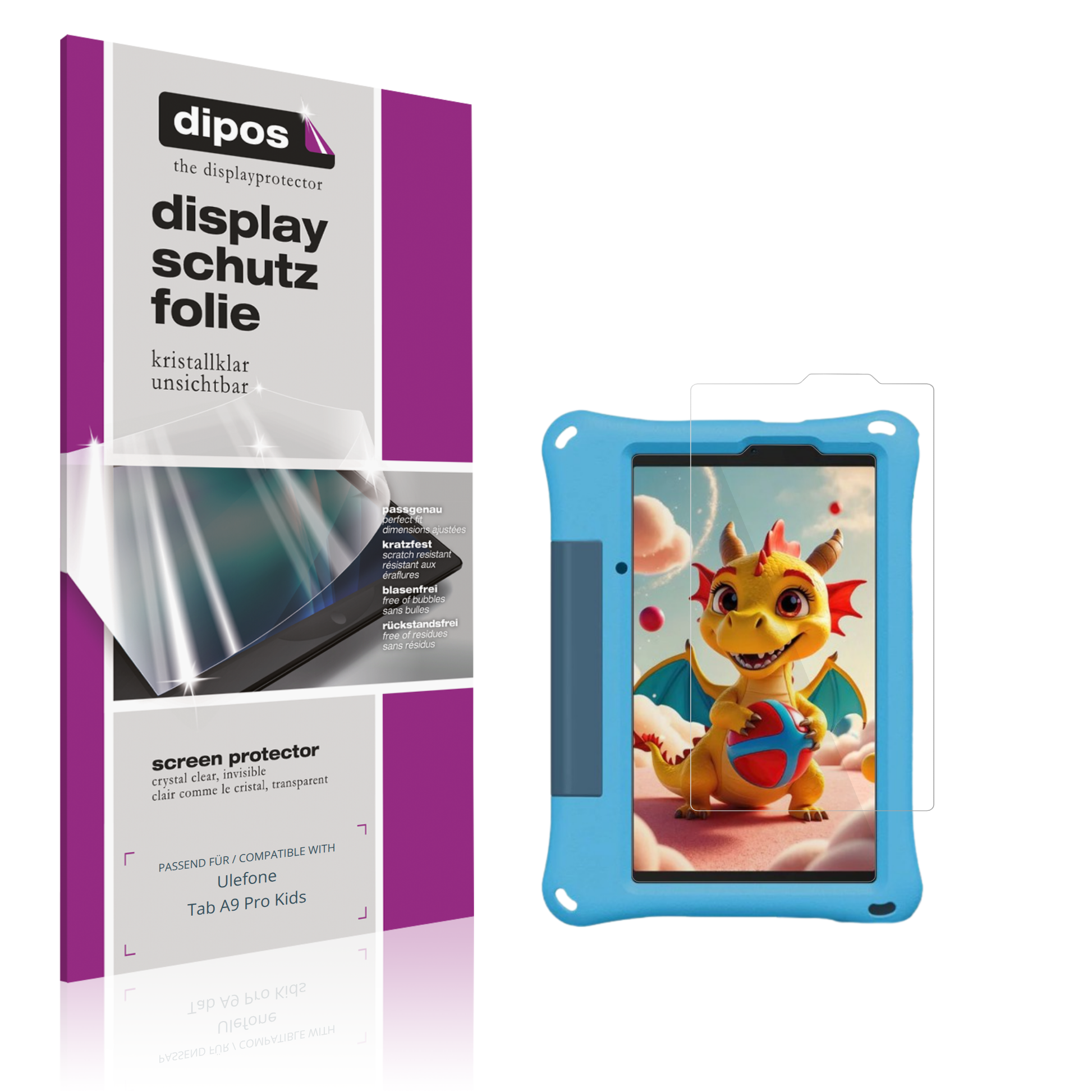Klare Displayschutzfolie von dipos passend für ulefonetab a9 pro kids, präziser Zuschnitt und blasenfrei montiert
