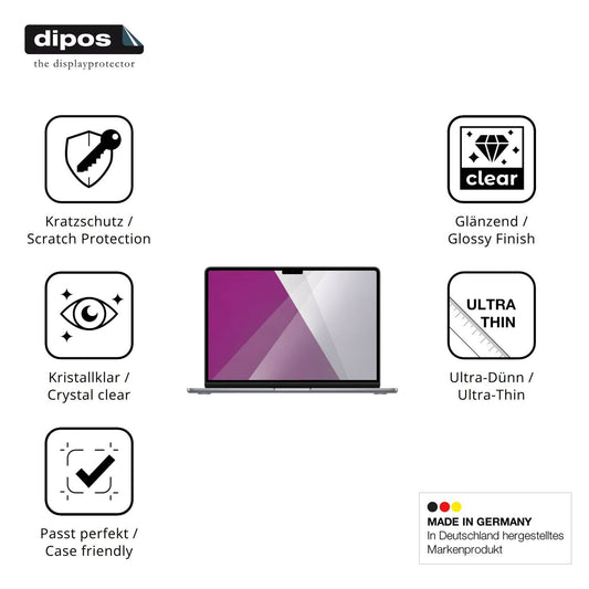 Klare Displayschutzfolie von dipos passend für Apple MacBook Air M2 13 Zoll 2022, präziser Zuschnitt und blasenfrei montiert