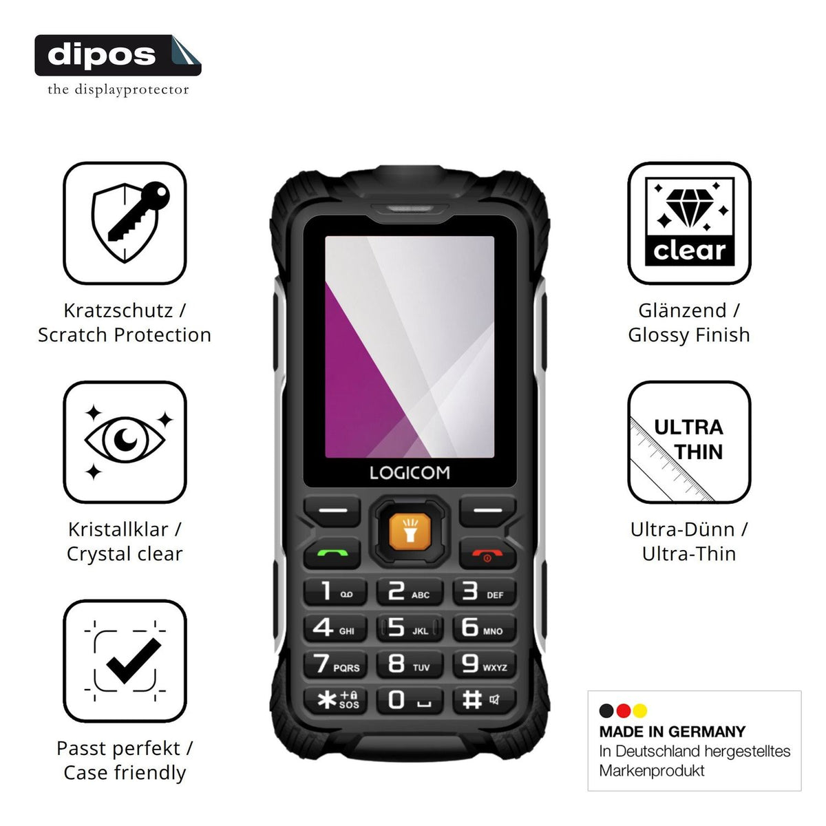 Klare Displayschutzfolie von dipos passend für Logicom Xtrem 60, präziser Zuschnitt und blasenfrei montiert