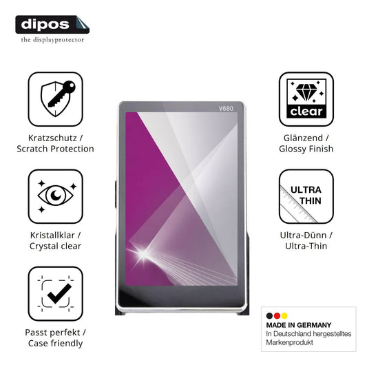 Klare Displayschutzfolie von dipos passend für RiToEasysports V680, präziser Zuschnitt und blasenfrei montiert