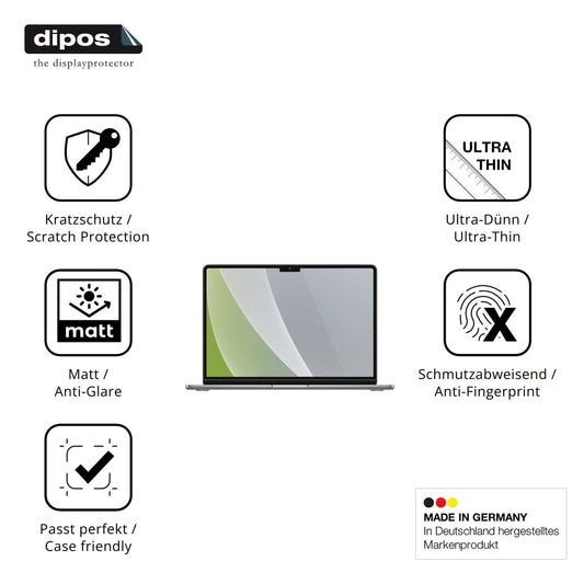 Matte Displayschutzfolie von dipos passend für Apple MacBook Air M2 13 Zoll 2022, präziser Zuschnitt und blasenfrei montiert