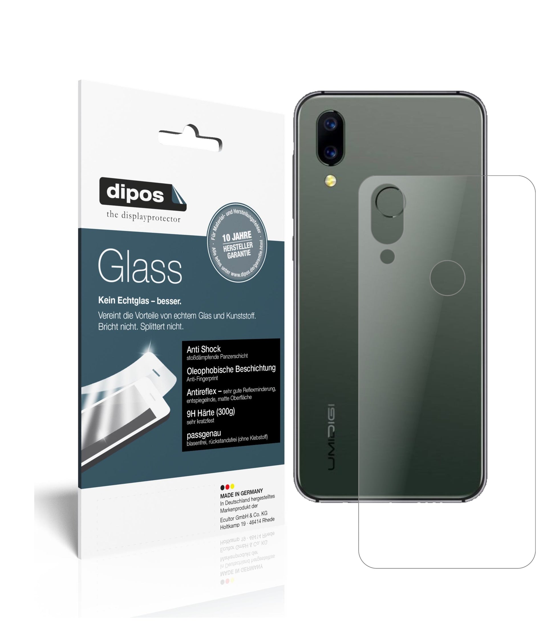 Matte Displayschutzfolie von dipos passend für Umidigi A3S Rückseite, 9H kratzfest und blasenfrei montiert