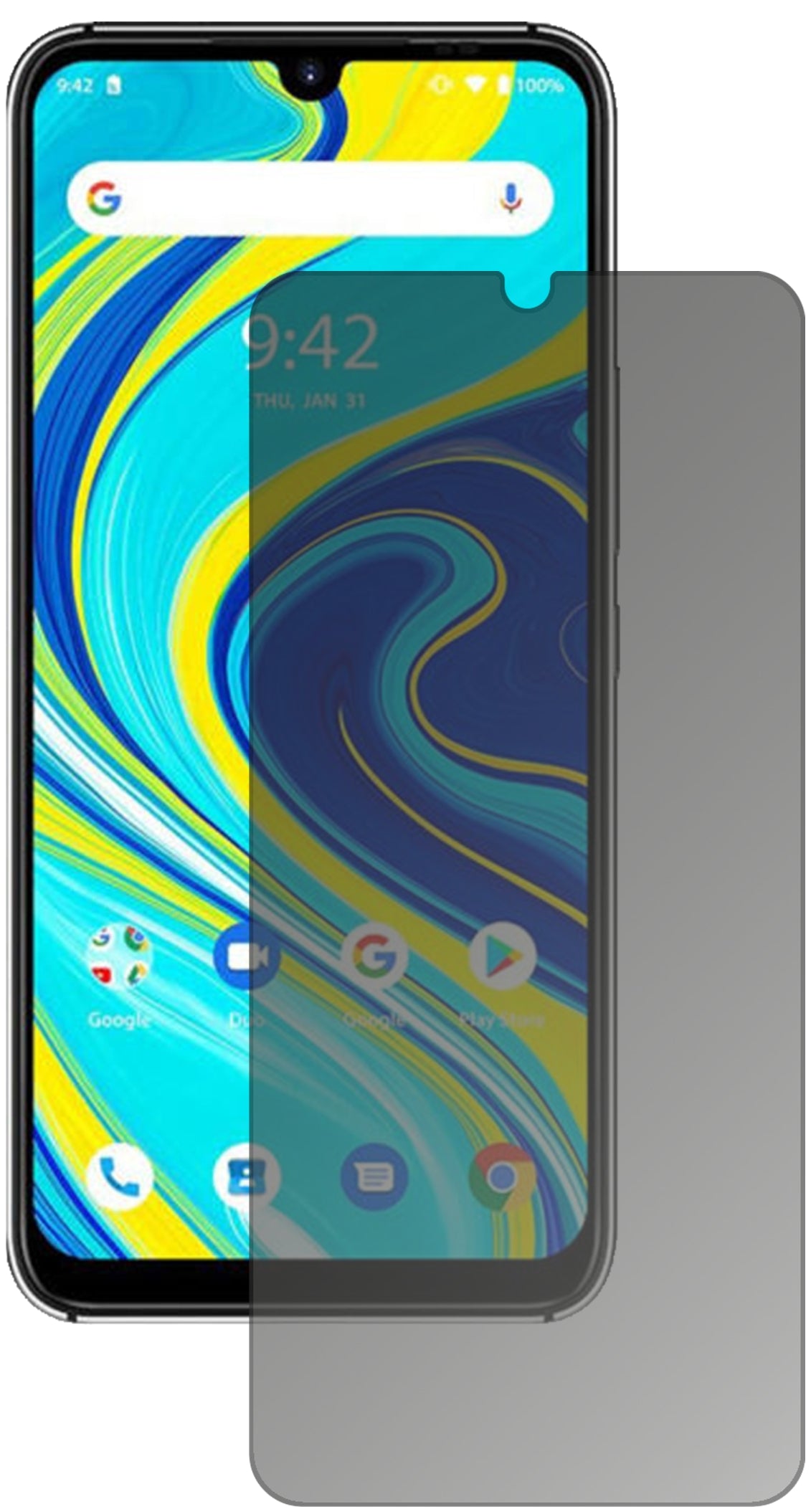 UmidigiA7 Pro mit aufgebrachtem dipos Displayschutz, der seitliche Einblicke blockiert