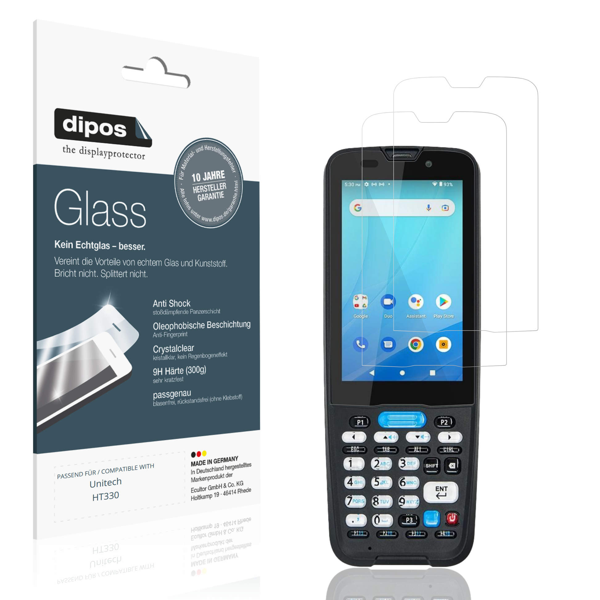 Klare Displayschutzfolie von dipos passend für Unitech HT330, 9H kratzfest und blasenfrei montiert