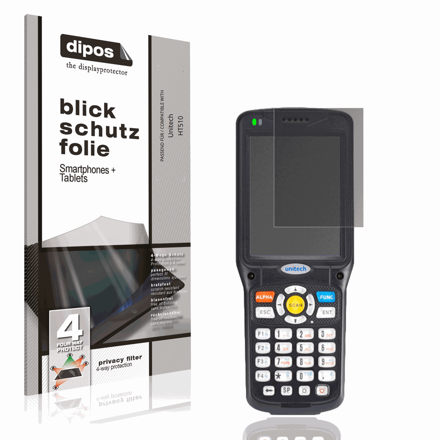 Blickschutzfolie von dipos passend für Unitech HT510, präziser Zuschnitt und blasenfrei montiert