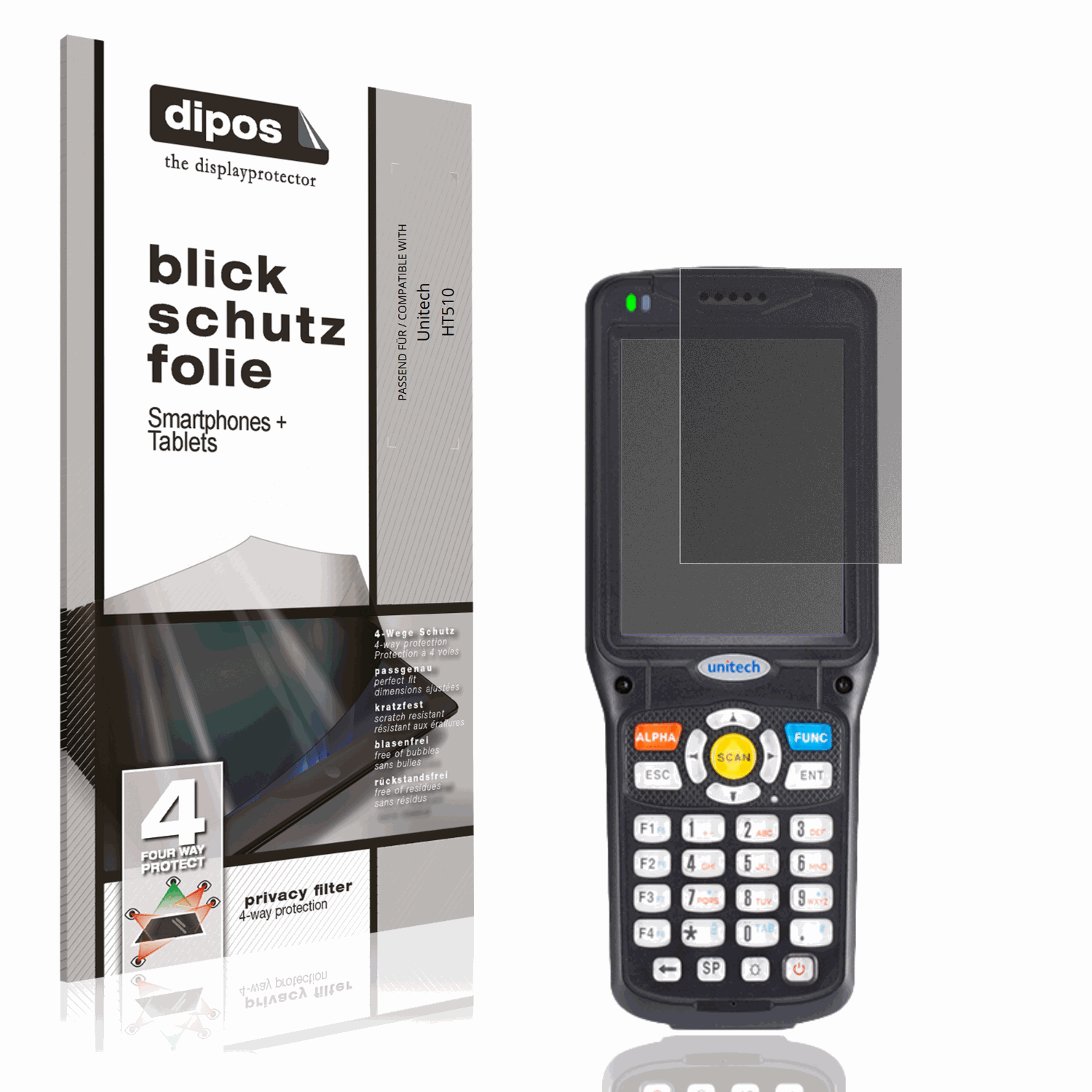 Blickschutzfolie von dipos passend für Unitech HT510, präziser Zuschnitt und blasenfrei montiert