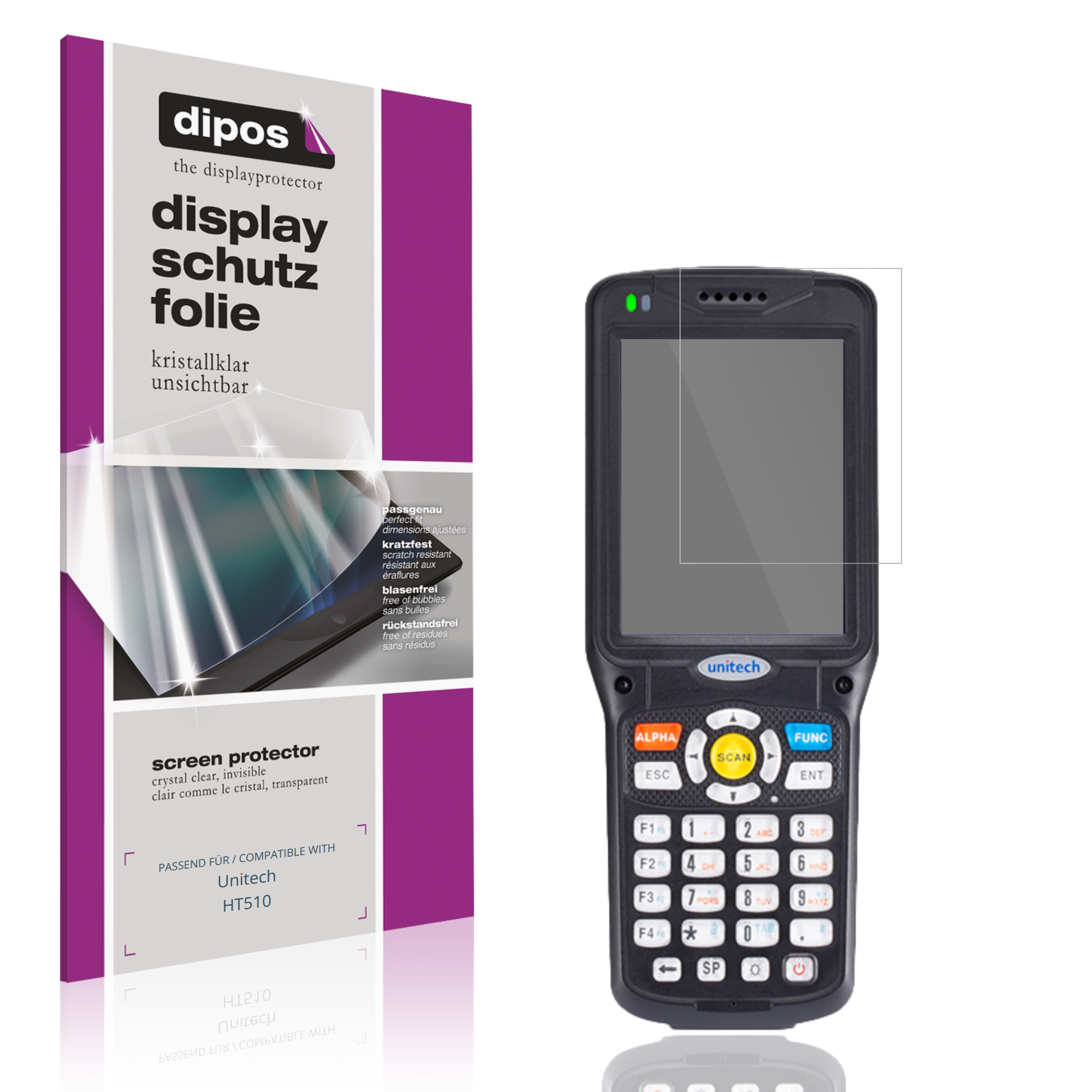 Klare Displayschutzfolie von dipos passend für Unitech HT510, präziser Zuschnitt und blasenfrei montiert