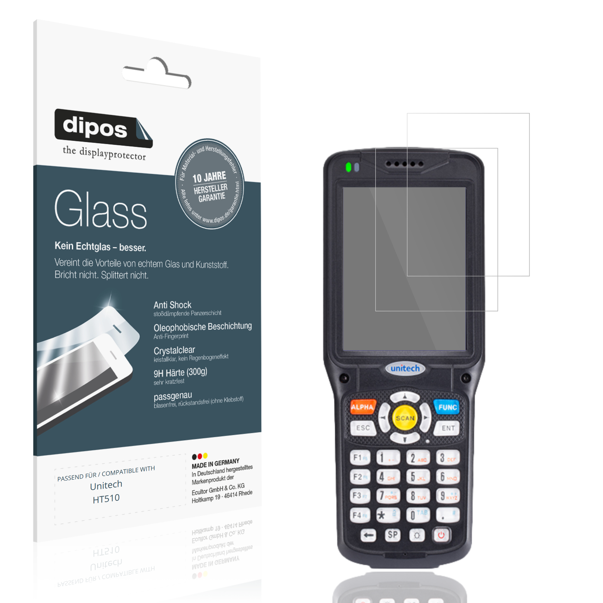 Klare Displayschutzfolie von dipos passend für Unitech HT510, 9H kratzfest und blasenfrei montiert