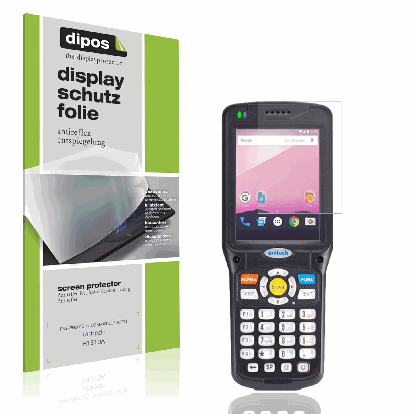 Matte Displayschutzfolie von dipos passend für Unitech HT510A, präziser Zuschnitt und blasenfrei montiert
