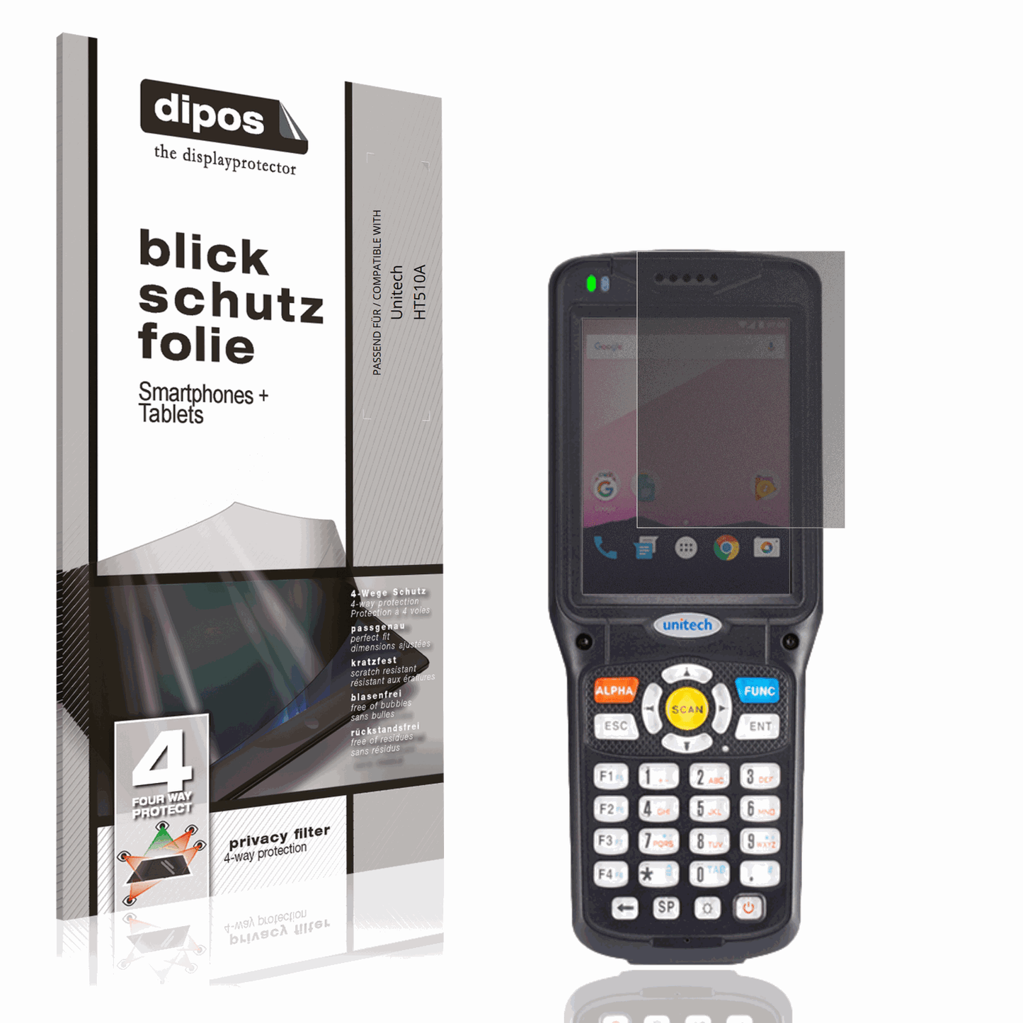 Blickschutzfolie von dipos passend für Unitech HT510A, präziser Zuschnitt und blasenfrei montiert